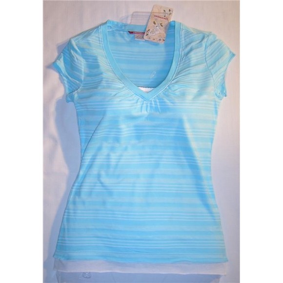 Union Bay Mock SHIRT Jr Sizes Light Blue & White Striped Crew Fitted Cap Sleeve - Picture 1 of 3